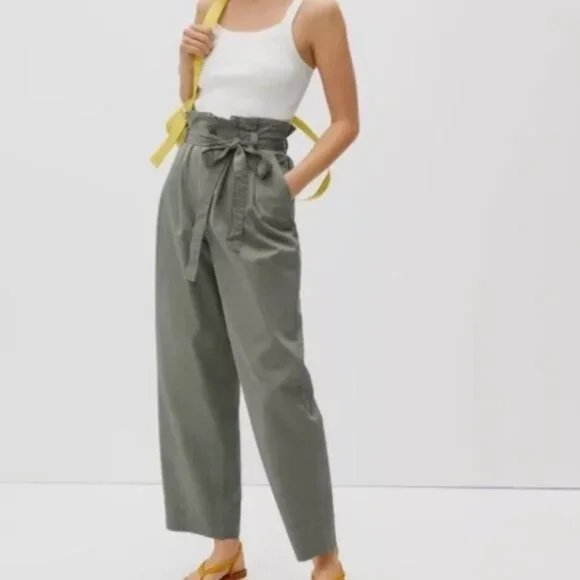 Everlane Paper Bag Waist Wide Leg High Rise Organic Cotton Pants Green XS - Picture 2 of 8